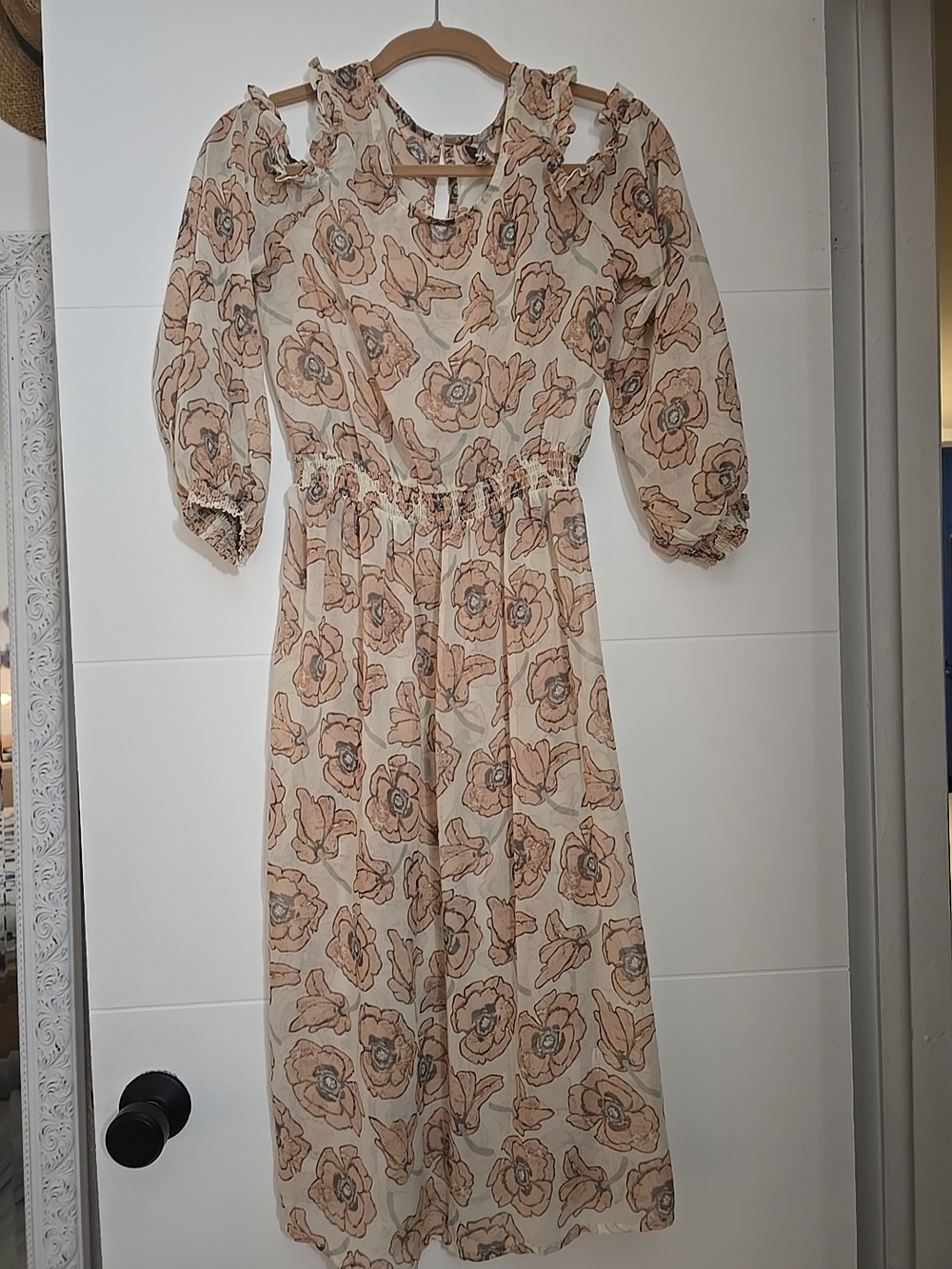 Lucky Brand Garden Dress. Floral Boho Pattern 3/4  Cold Shoulder Sleeves Size S